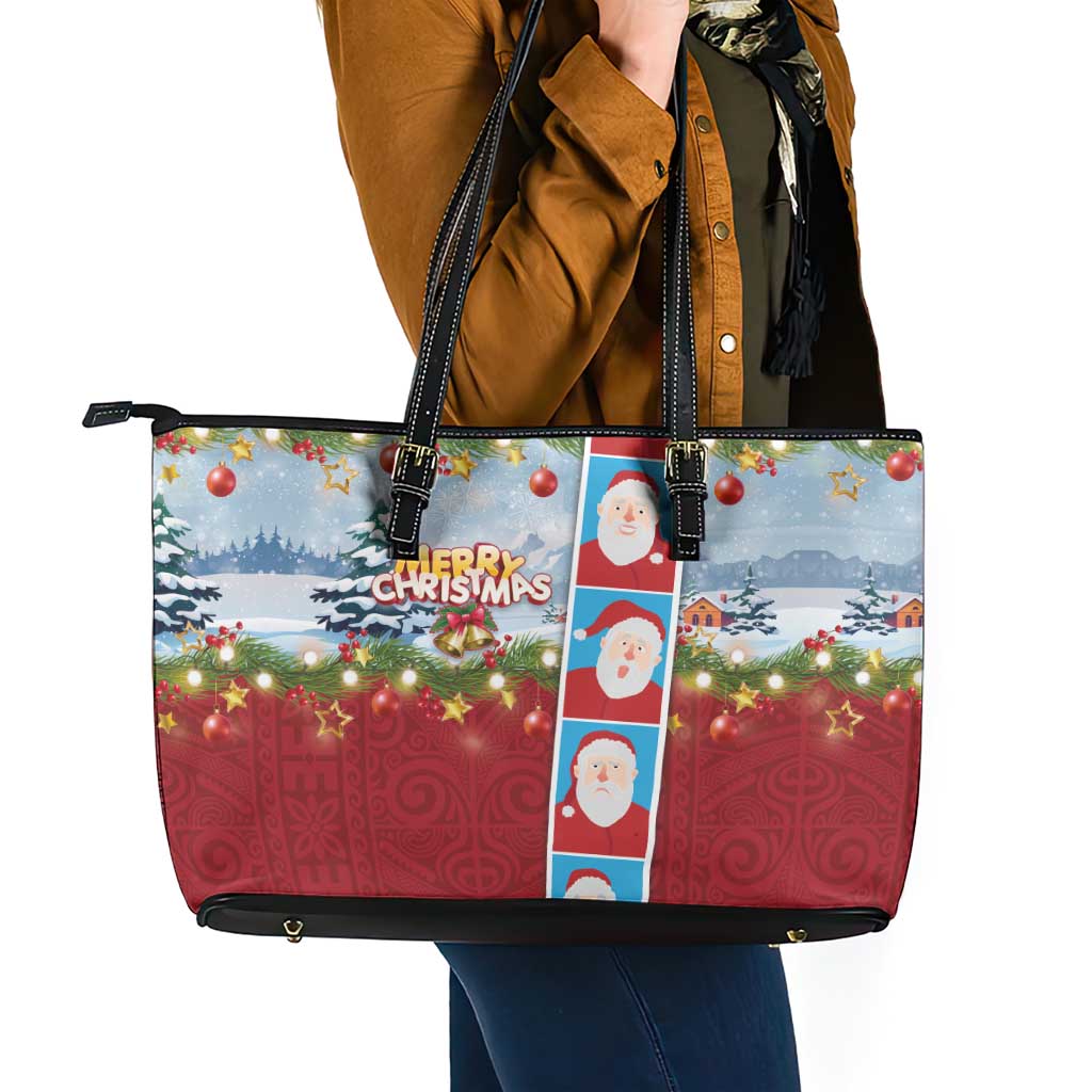 Merry Christmas Leather Tote Bag Funny Santa Claus Cards Photo and Polynesian Pattern Red Color