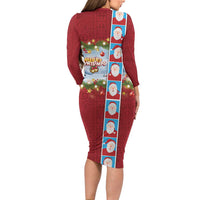 Merry Christmas Long Sleeve Bodycon Dress Funny Santa Claus Cards Photo and Polynesian Pattern Red Color LT03 - Polynesian Pride
