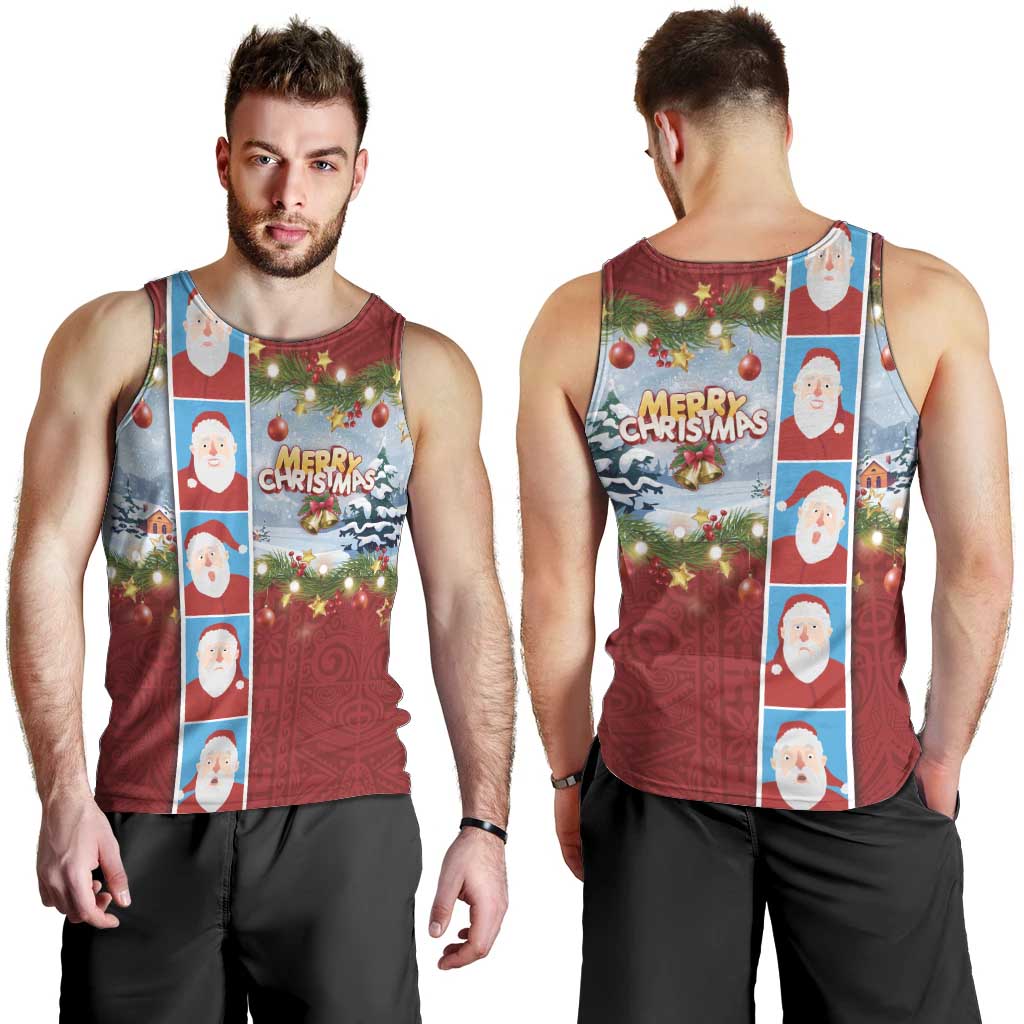 Merry Christmas Men Tank Top Funny Santa Claus Cards Photo and Polynesian Pattern Red Color