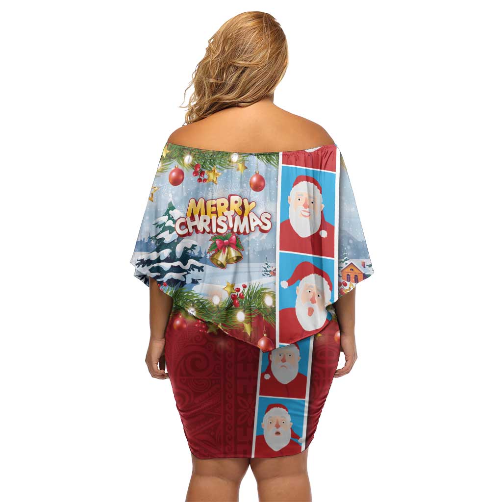 Merry Christmas Off Shoulder Short Dress Funny Santa Claus Cards Photo and Polynesian Pattern Red Color
