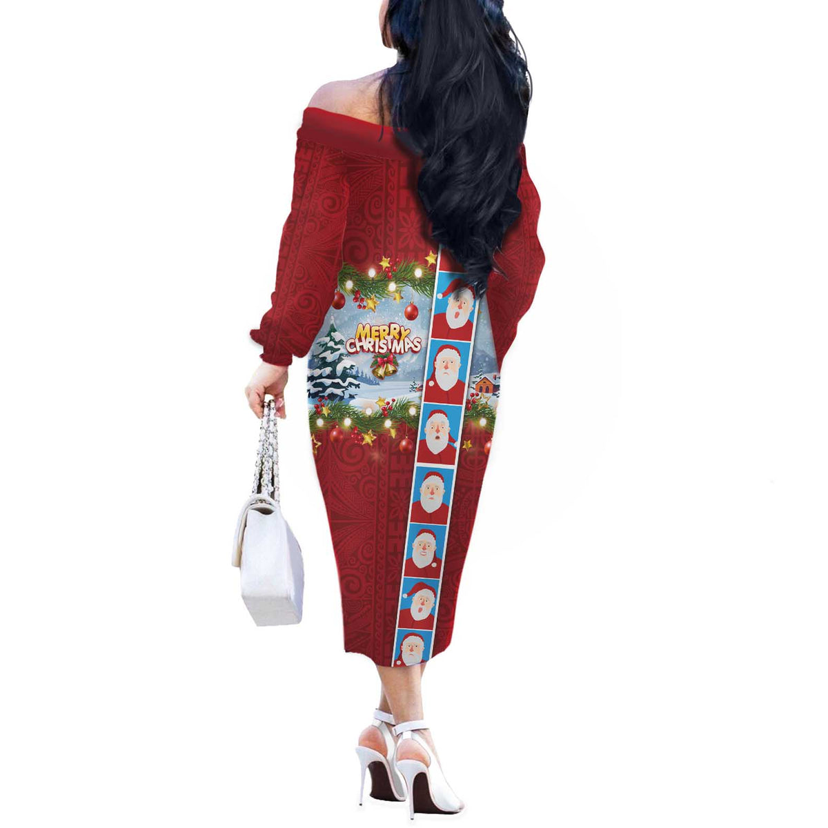 Merry Christmas Off The Shoulder Long Sleeve Dress Funny Santa Claus Cards Photo and Polynesian Pattern Red Color