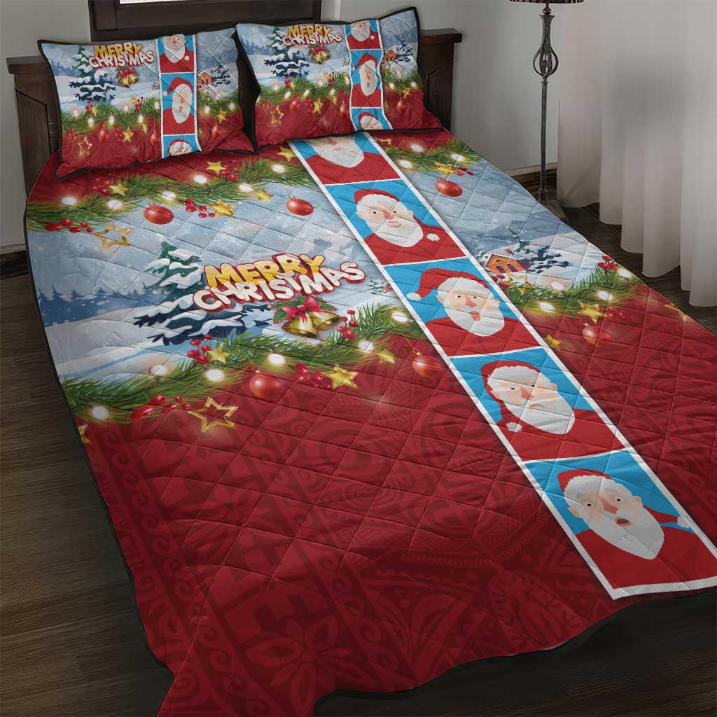 Merry Christmas Quilt Bed Set Funny Santa Claus Cards Photo and Polynesian Pattern Red Color