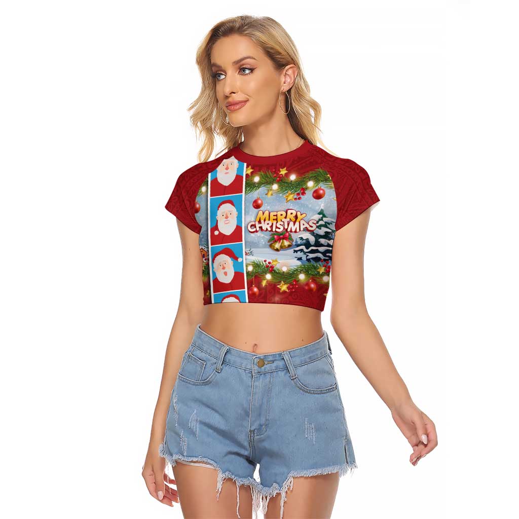 Merry Christmas Raglan Cropped T Shirt Funny Santa Claus Cards Photo and Polynesian Pattern Red Color