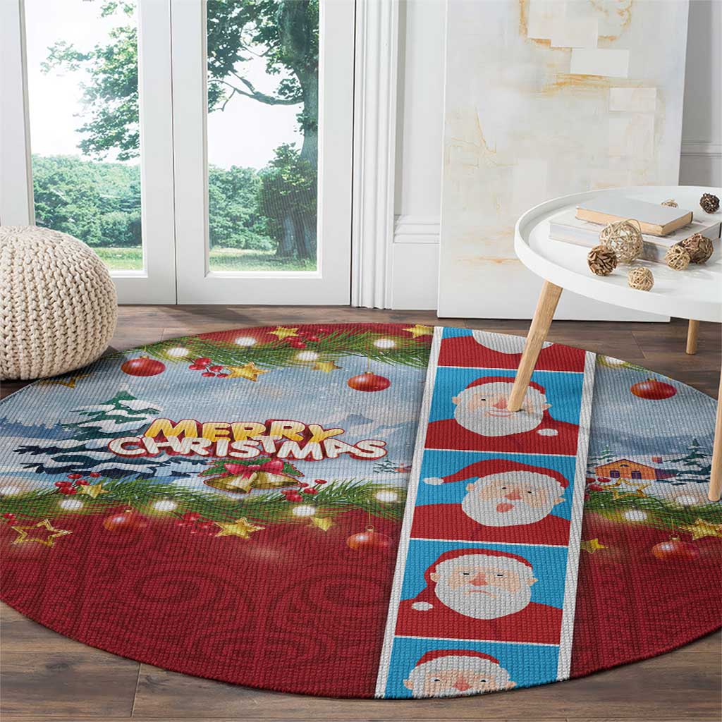 Merry Christmas Round Carpet Funny Santa Claus Cards Photo and Polynesian Pattern Red Color