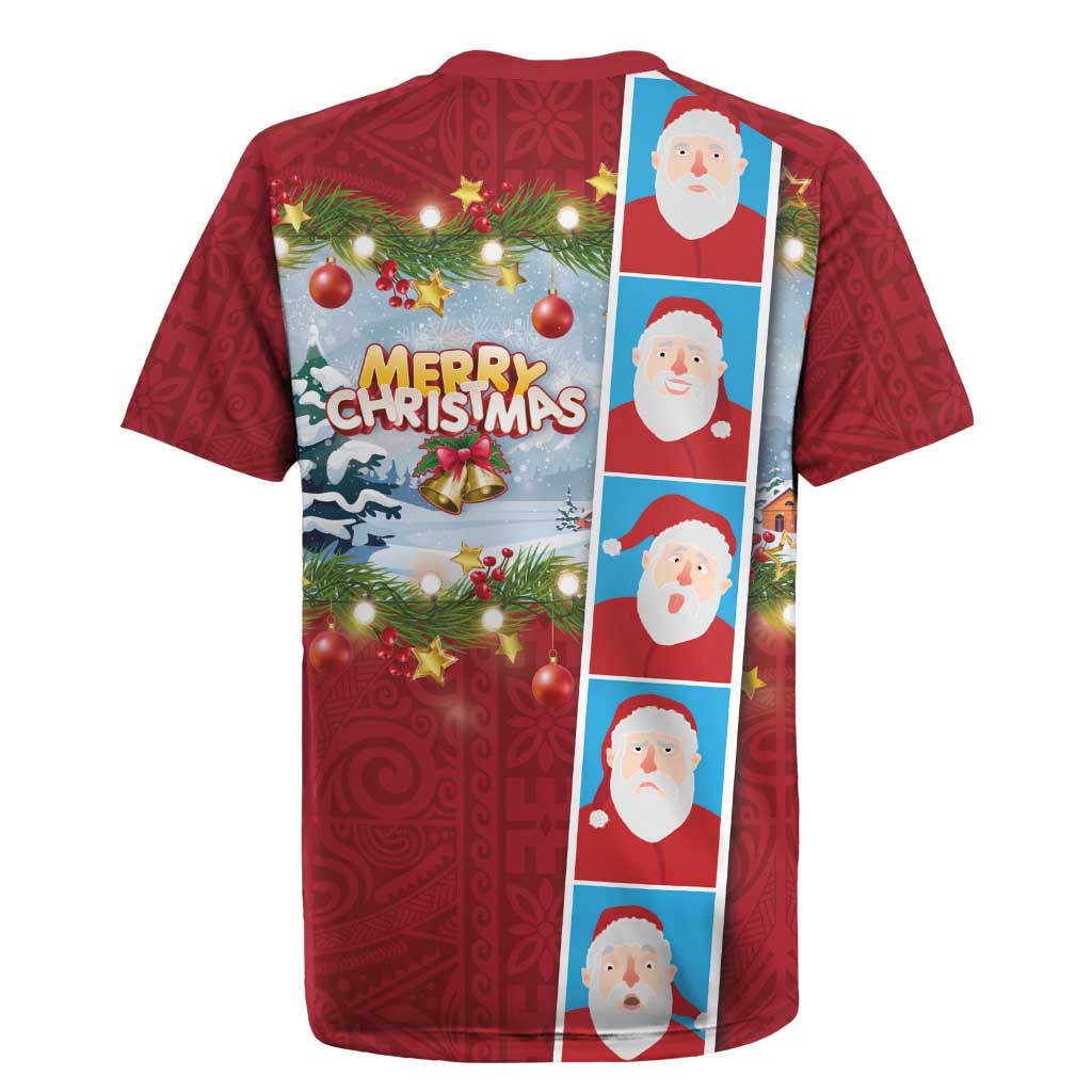 Merry Christmas Rugby Jersey Funny Santa Claus Cards Photo and Polynesian Pattern Red Color