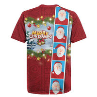 Merry Christmas Rugby Jersey Funny Santa Claus Cards Photo and Polynesian Pattern Red Color