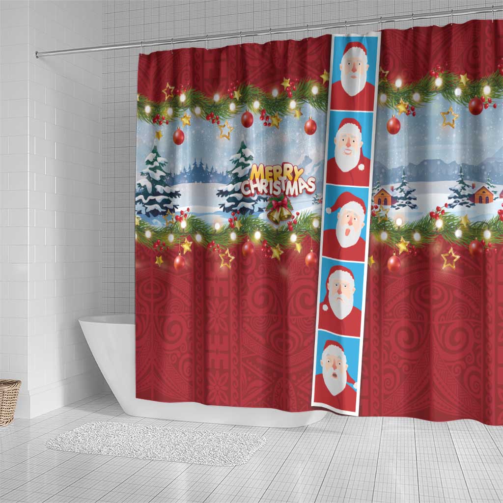 Merry Christmas Shower Curtain Funny Santa Claus Cards Photo and Polynesian Pattern Red Color