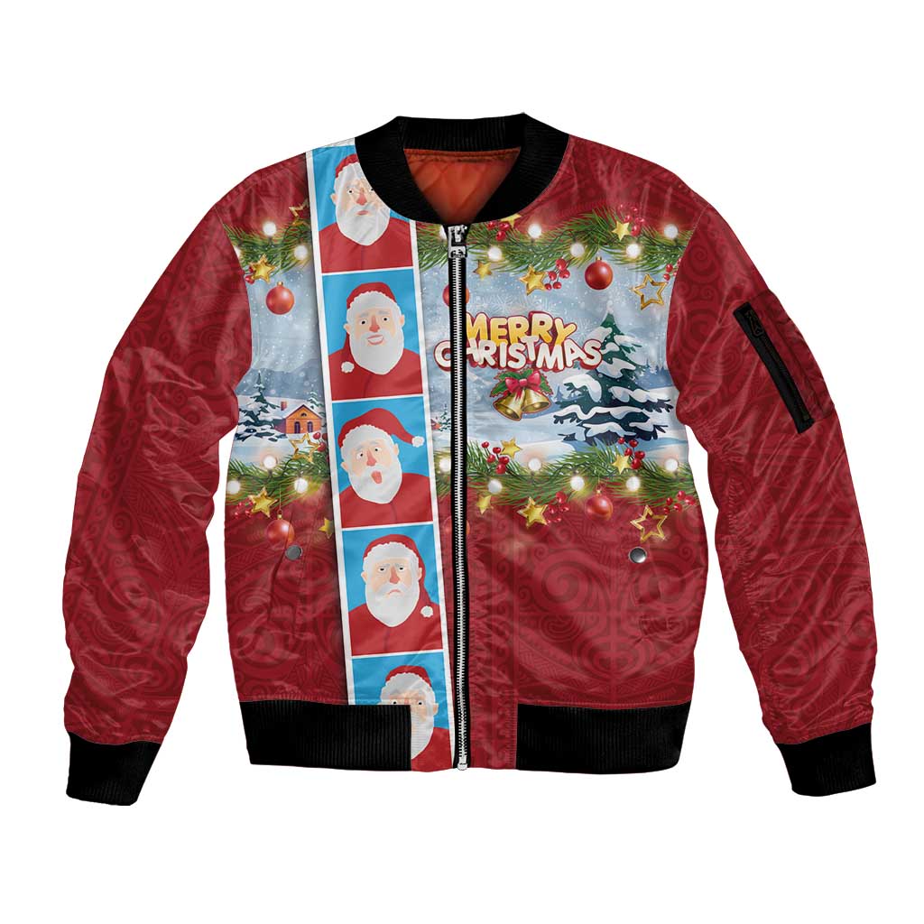 Merry Christmas Sleeve Zip Bomber Jacket Funny Santa Claus Cards Photo and Polynesian Pattern Red Color