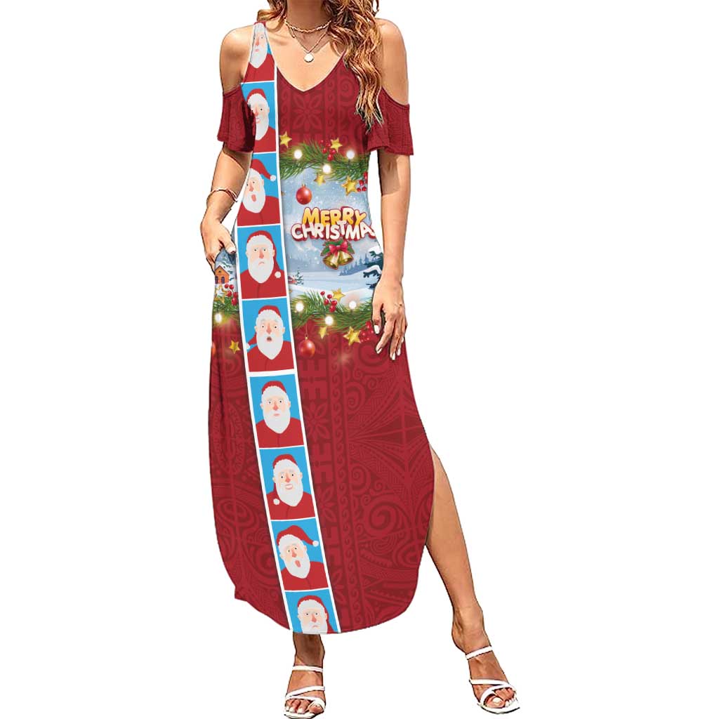 Merry Christmas Summer Maxi Dress Funny Santa Claus Cards Photo and Polynesian Pattern Red Color