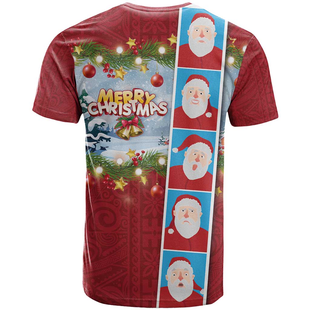 Merry Christmas T Shirt Funny Santa Claus Cards Photo and Polynesian Pattern Red Color