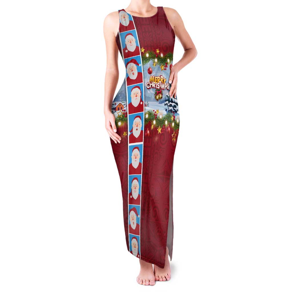 Merry Christmas Tank Maxi Dress Funny Santa Claus Cards Photo and Polynesian Pattern Red Color