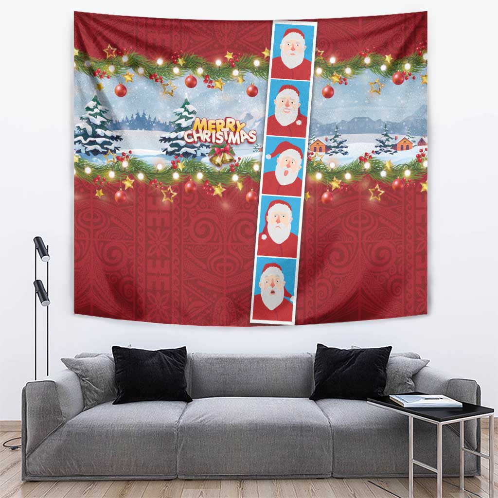 Merry Christmas Tapestry Funny Santa Claus Cards Photo and Polynesian Pattern Red Color