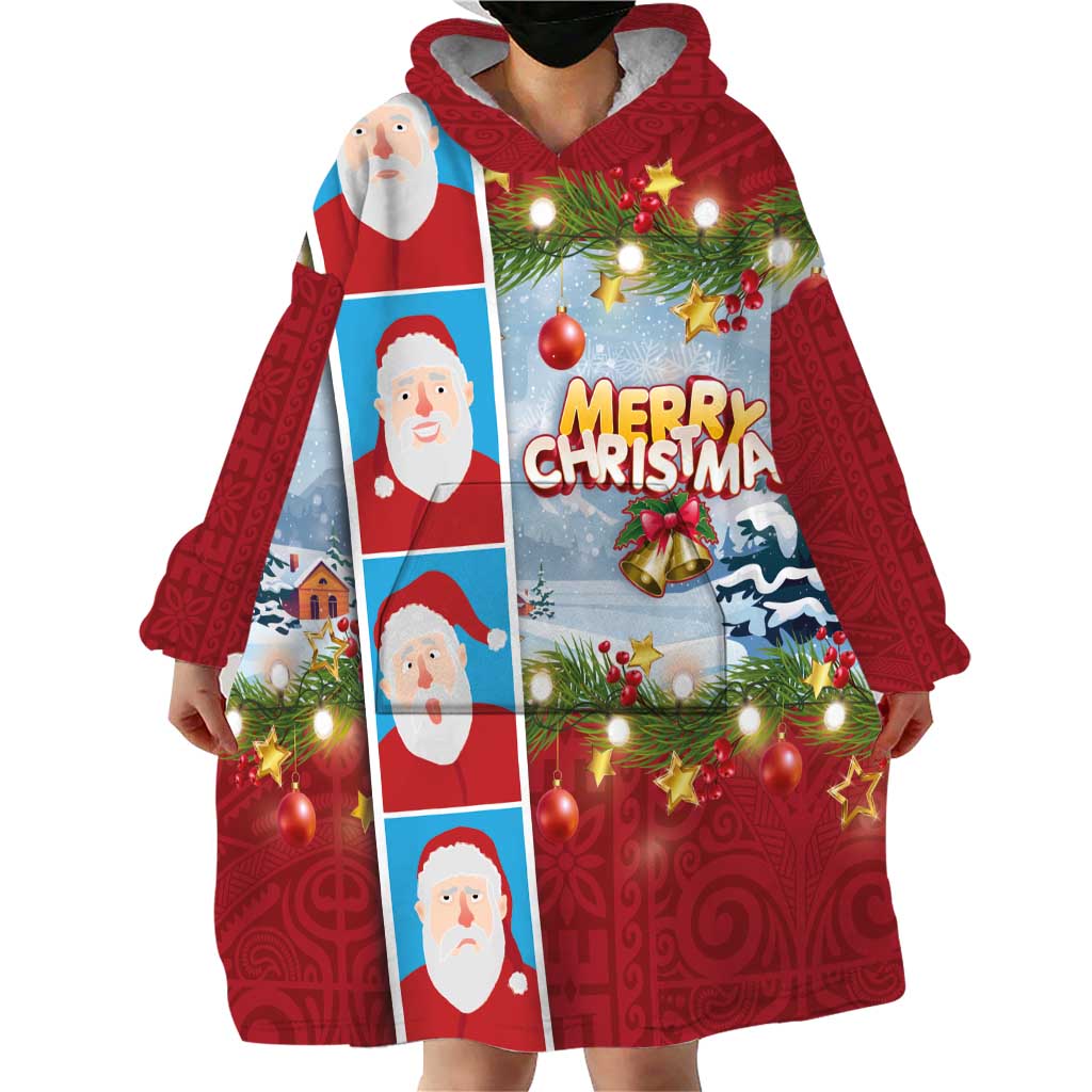 Merry Christmas Wearable Blanket Hoodie Funny Santa Claus Cards Photo and Polynesian Pattern Red Color
