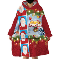 Merry Christmas Wearable Blanket Hoodie Funny Santa Claus Cards Photo and Polynesian Pattern Red Color