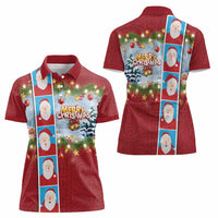 Merry Christmas Women Polo Shirt Funny Santa Claus Cards Photo and Polynesian Pattern Red Color LT03 - Polynesian Pride