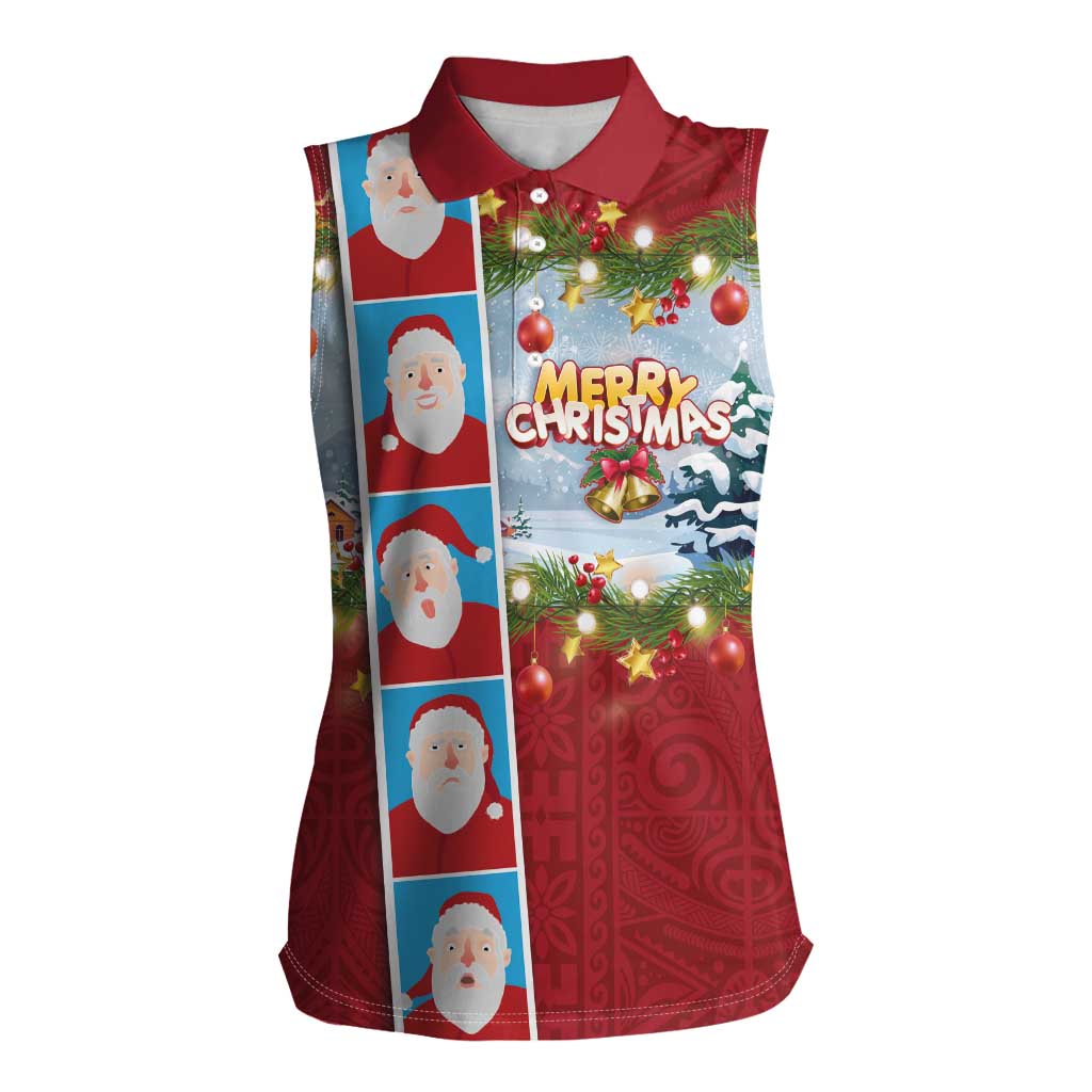 Merry Christmas Women Sleeveless Polo Shirt Funny Santa Claus Cards Photo and Polynesian Pattern Red Color