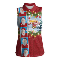 Merry Christmas Women Sleeveless Polo Shirt Funny Santa Claus Cards Photo and Polynesian Pattern Red Color LT03 Female Red - Polynesian Pride