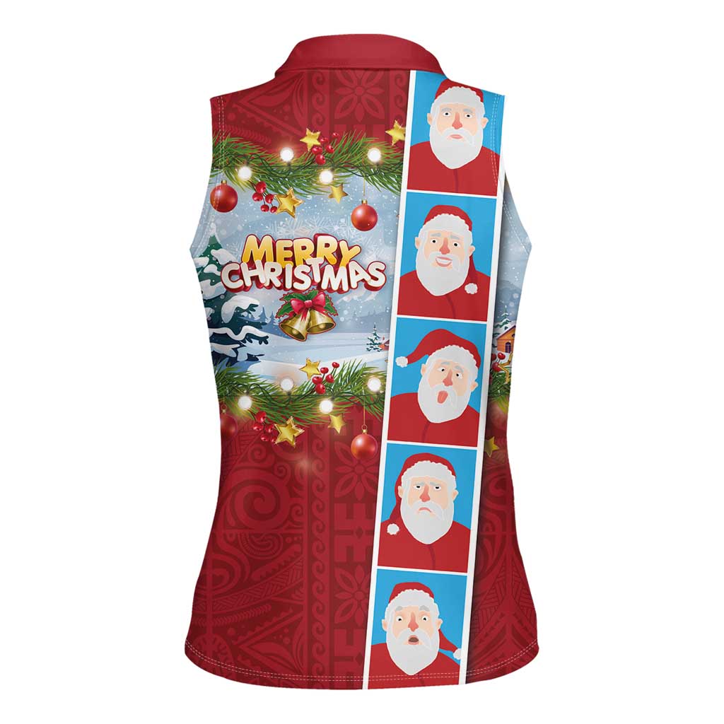 Merry Christmas Women Sleeveless Polo Shirt Funny Santa Claus Cards Photo and Polynesian Pattern Red Color LT03 - Polynesian Pride