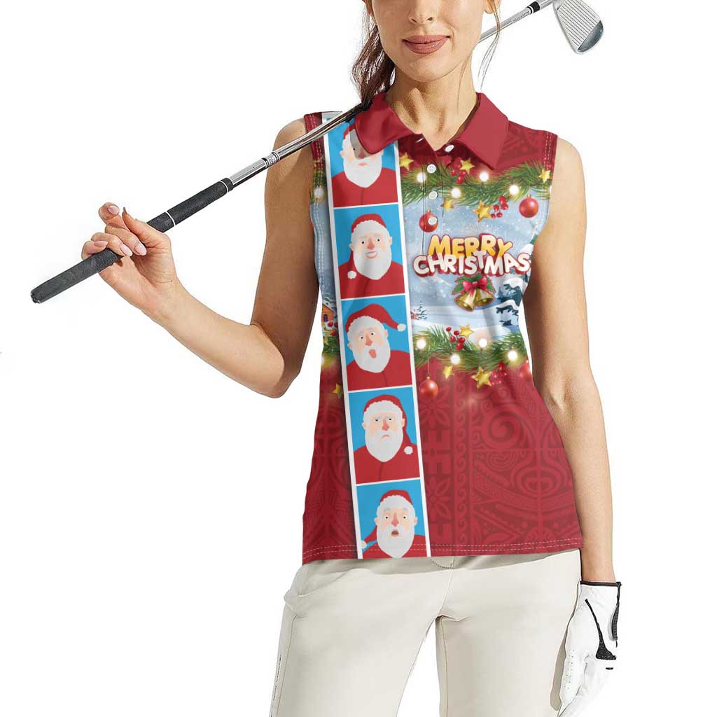 Merry Christmas Women Sleeveless Polo Shirt Funny Santa Claus Cards Photo and Polynesian Pattern Red Color LT03 - Polynesian Pride