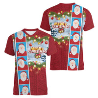 Merry Christmas Women V-Neck T-Shirt Funny Santa Claus Cards Photo and Polynesian Pattern Red Color LT03 - Polynesian Pride