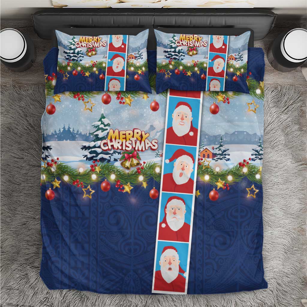 Merry Christmas Bedding Set Funny Santa Claus Cards Photo and Polynesian Pattern Blue Color LT03