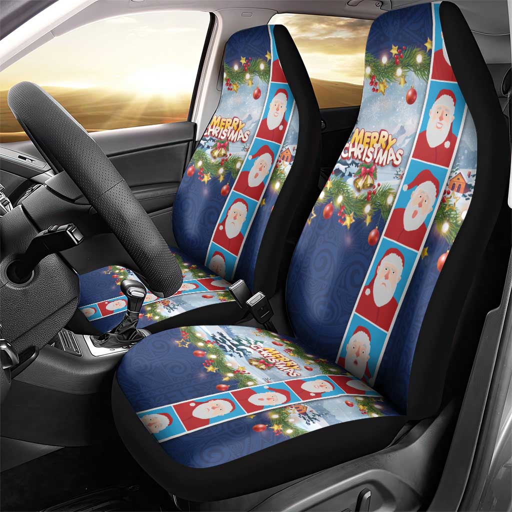 Merry Christmas Car Seat Cover Funny Santa Claus Cards Photo and Polynesian Pattern Blue Color LT03