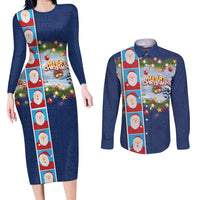 Merry Christmas Couples Matching Long Sleeve Bodycon Dress and Long Sleeve Button Shirt Funny Santa Claus Cards Photo and Polynesian Pattern Blue Color LT03 Blue - Polynesian Pride
