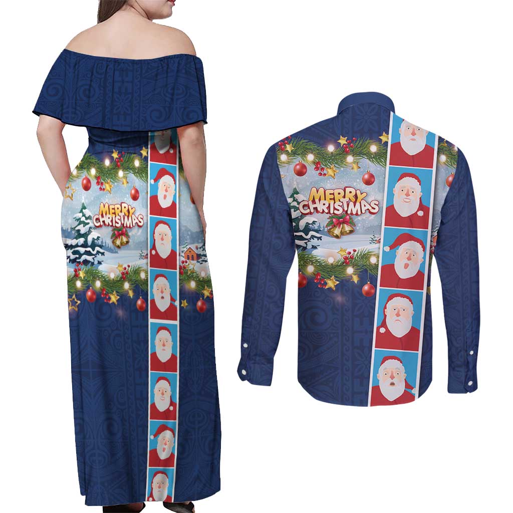 Merry Christmas Couples Matching Off Shoulder Maxi Dress and Long Sleeve Button Shirt Funny Santa Claus Cards Photo and Polynesian Pattern Blue Color LT03 - Polynesian Pride