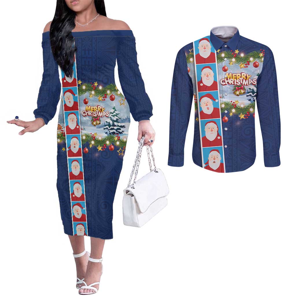 Merry Christmas Couples Matching Off The Shoulder Long Sleeve Dress and Long Sleeve Button Shirt Funny Santa Claus Cards Photo and Polynesian Pattern Blue Color LT03 Blue - Polynesian Pride