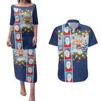 Merry Christmas Couples Matching Puletasi and Hawaiian Shirt Funny Santa Claus Cards Photo and Polynesian Pattern Blue Color LT03 Blue - Polynesian Pride