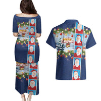 Merry Christmas Couples Matching Puletasi and Hawaiian Shirt Funny Santa Claus Cards Photo and Polynesian Pattern Blue Color LT03 - Polynesian Pride