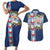 Merry Christmas Couples Matching Short Sleeve Bodycon Dress and Hawaiian Shirt Funny Santa Claus Cards Photo and Polynesian Pattern Blue Color