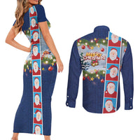 Merry Christmas Couples Matching Short Sleeve Bodycon Dress and Long Sleeve Button Shirt Funny Santa Claus Cards Photo and Polynesian Pattern Blue Color LT03 - Polynesian Pride