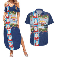 Merry Christmas Couples Matching Summer Maxi Dress and Hawaiian Shirt Funny Santa Claus Cards Photo and Polynesian Pattern Blue Color LT03 Blue - Polynesian Pride