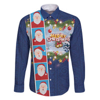 Merry Christmas Family Matching Long Sleeve Bodycon Dress and Hawaiian Shirt Funny Santa Claus Cards Photo and Polynesian Pattern Blue Color LT03 Dad's Shirt - Long Sleeve Blue - Polynesian Pride