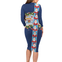 Merry Christmas Family Matching Long Sleeve Bodycon Dress and Hawaiian Shirt Funny Santa Claus Cards Photo and Polynesian Pattern Blue Color LT03 - Polynesian Pride