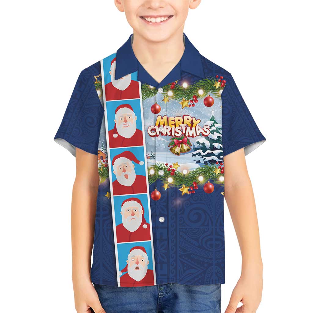 Merry Christmas Family Matching Long Sleeve Bodycon Dress and Hawaiian Shirt Funny Santa Claus Cards Photo and Polynesian Pattern Blue Color LT03 Son's Shirt Blue - Polynesian Pride
