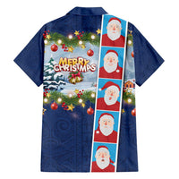 Merry Christmas Family Matching Off Shoulder Maxi Dress and Hawaiian Shirt Funny Santa Claus Cards Photo and Polynesian Pattern Blue Color