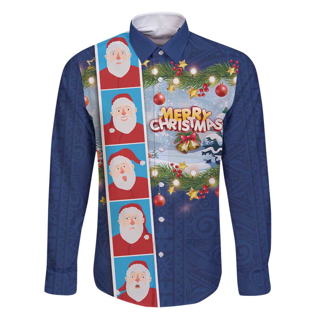 Merry Christmas Family Matching Off Shoulder Maxi Dress and Hawaiian Shirt Funny Santa Claus Cards Photo and Polynesian Pattern Blue Color