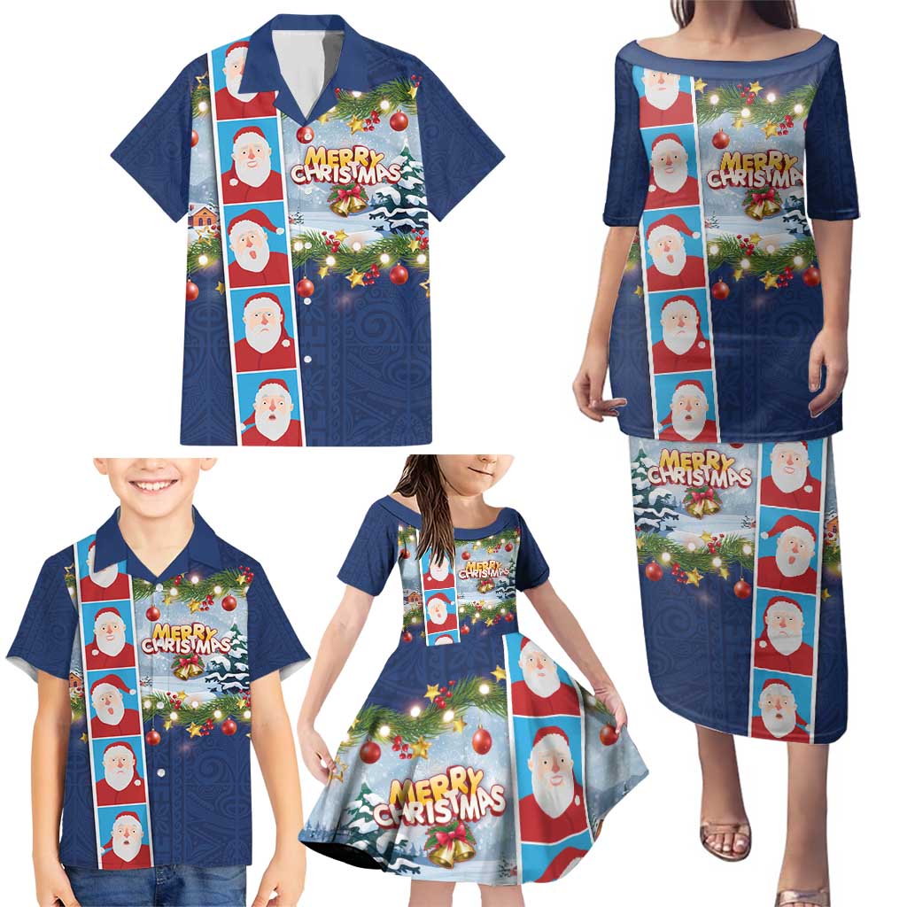 Merry Christmas Family Matching Puletasi and Hawaiian Shirt Funny Santa Claus Cards Photo and Polynesian Pattern Blue Color LT03 - Polynesian Pride