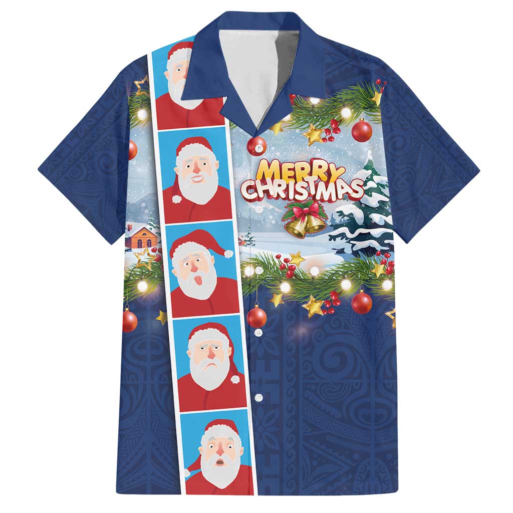 Merry Christmas Family Matching Puletasi and Hawaiian Shirt Funny Santa Claus Cards Photo and Polynesian Pattern Blue Color LT03 Dad's Shirt - Short Sleeve Blue - Polynesian Pride