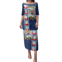 Merry Christmas Family Matching Puletasi and Hawaiian Shirt Funny Santa Claus Cards Photo and Polynesian Pattern Blue Color LT03 Mom's Dress Blue - Polynesian Pride
