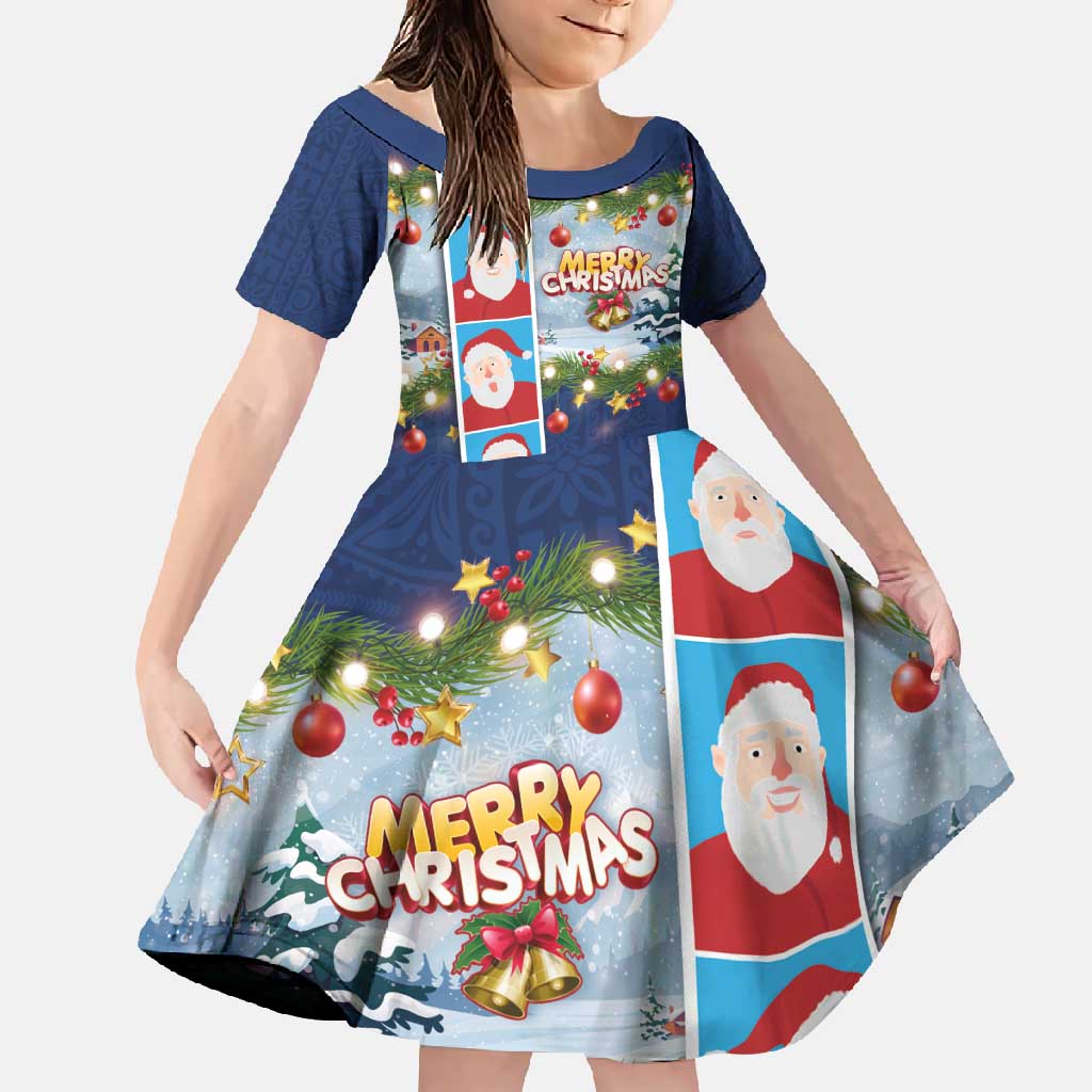 Merry Christmas Family Matching Short Sleeve Bodycon Dress and Hawaiian Shirt Funny Santa Claus Cards Photo and Polynesian Pattern Blue Color LT03 Daughter's Dress Blue - Polynesian Pride