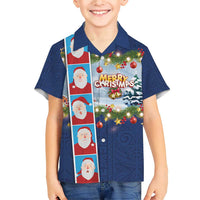 Merry Christmas Family Matching Short Sleeve Bodycon Dress and Hawaiian Shirt Funny Santa Claus Cards Photo and Polynesian Pattern Blue Color LT03 Son's Shirt Blue - Polynesian Pride