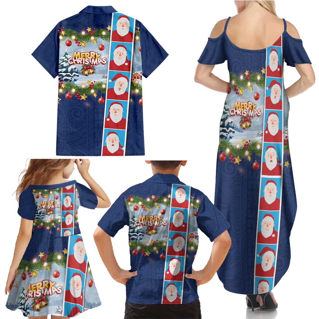 Merry Christmas Family Matching Summer Maxi Dress and Hawaiian Shirt Funny Santa Claus Cards Photo and Polynesian Pattern Blue Color