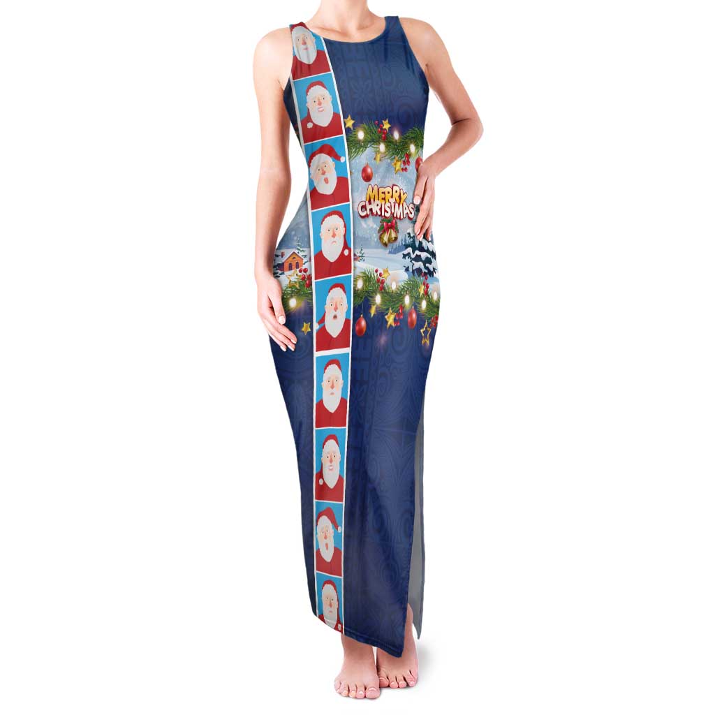 Merry Christmas Family Matching Tank Maxi Dress and Hawaiian Shirt Funny Santa Claus Cards Photo and Polynesian Pattern Blue Color