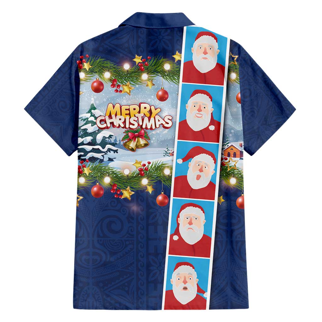 Merry Christmas Hawaiian Shirt Funny Santa Claus Cards Photo and Polynesian Pattern Blue Color