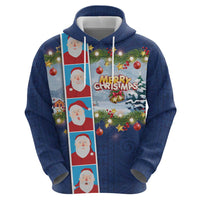 Merry Christmas Hoodie Funny Santa Claus Cards Photo and Polynesian Pattern Blue Color