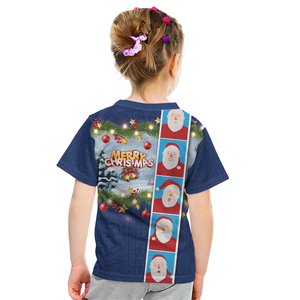Merry Christmas Kid T Shirt Funny Santa Claus Cards Photo and Polynesian Pattern Blue Color