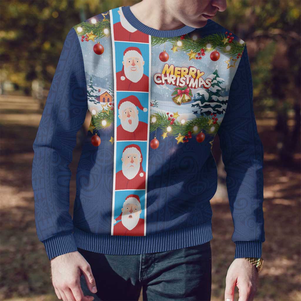 Merry Christmas Ugly Christmas Sweater Funny Santa Claus Cards Photo and Polynesian Pattern Blue Color